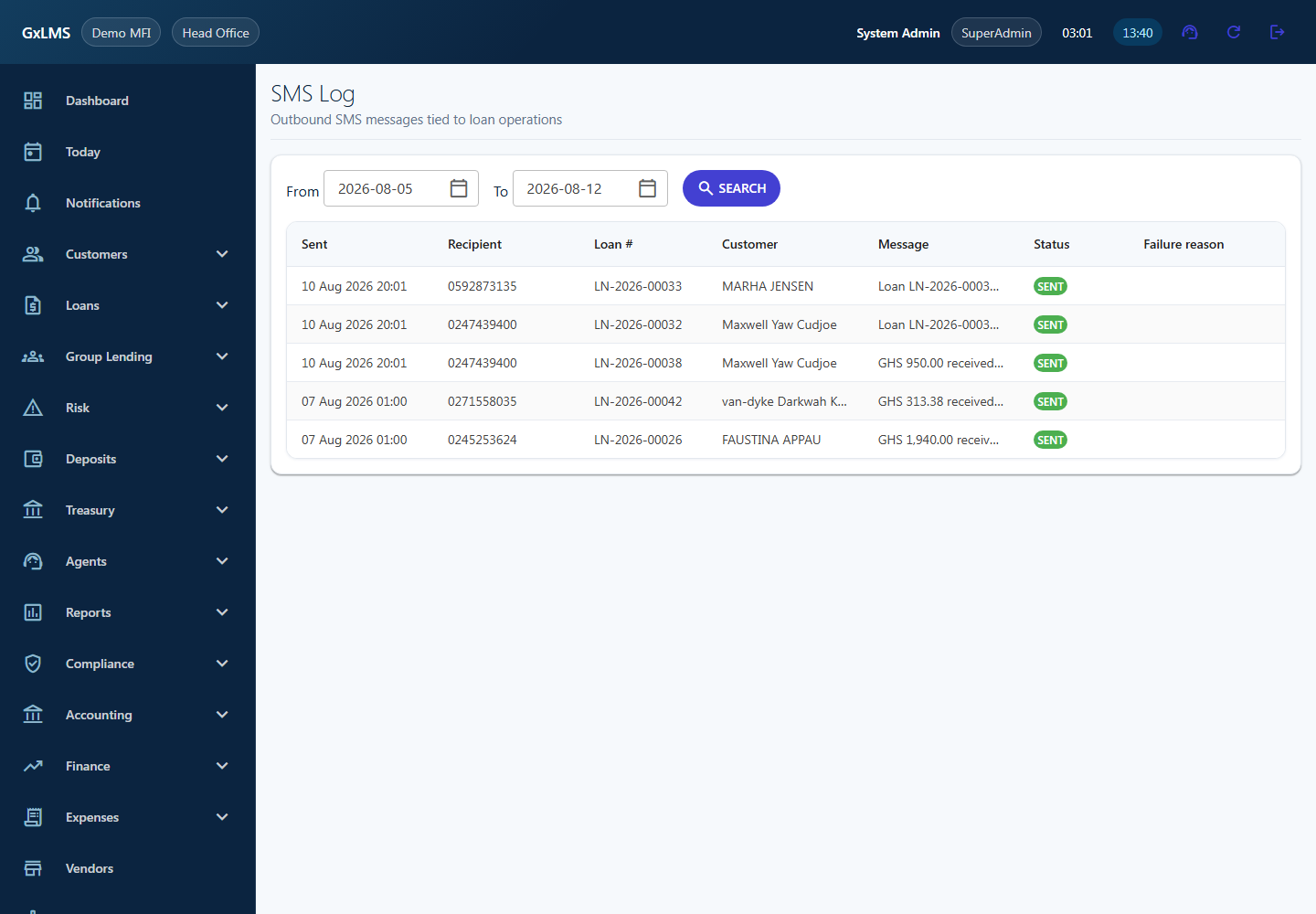 SMS Communication Log